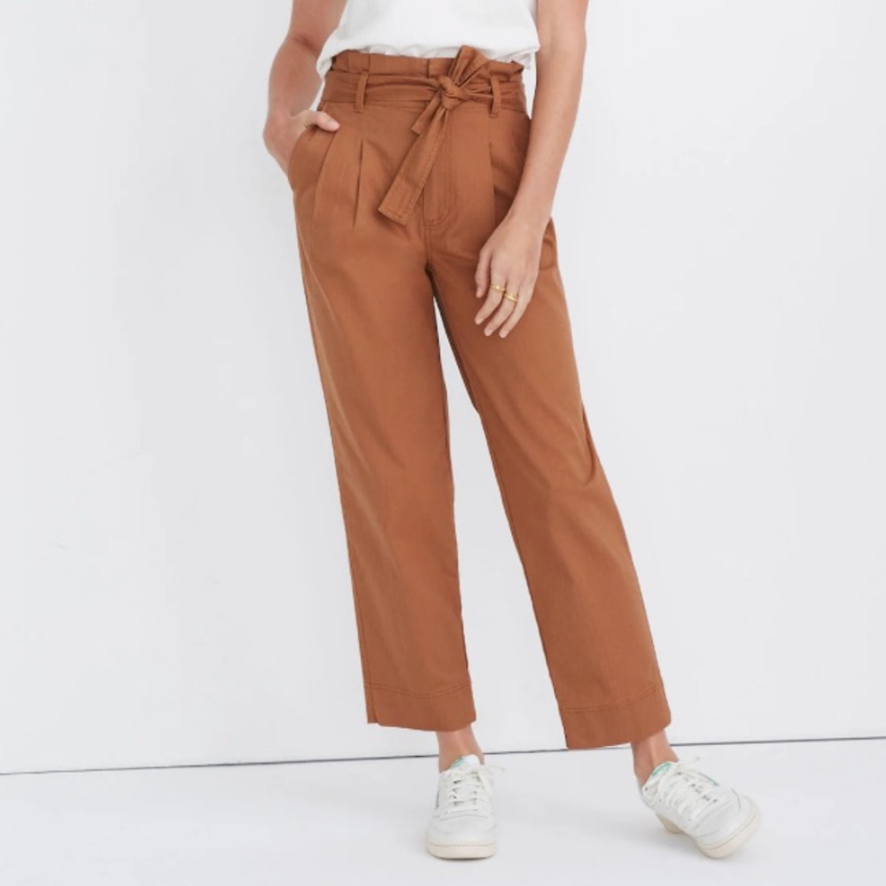 Madewell Herringbone Paperbag Belted Straight Wide Leg Pant Size 26 Fall Tan
